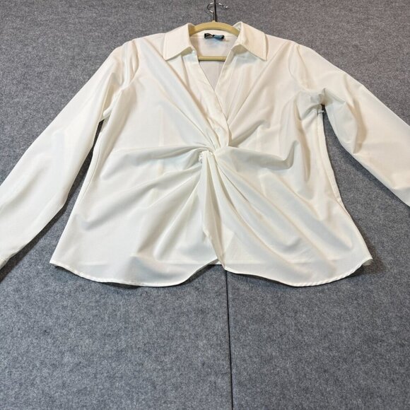 Modern Works Blouse Women Medium Cream Twist Front Gathered Long Sleeve Collared - Picture 1 of 6